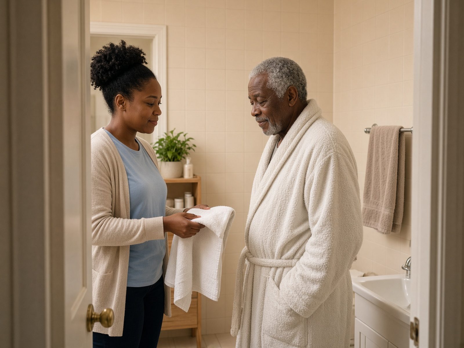 A caregiver handing a towel to an older man in a bathrobe after bathing.