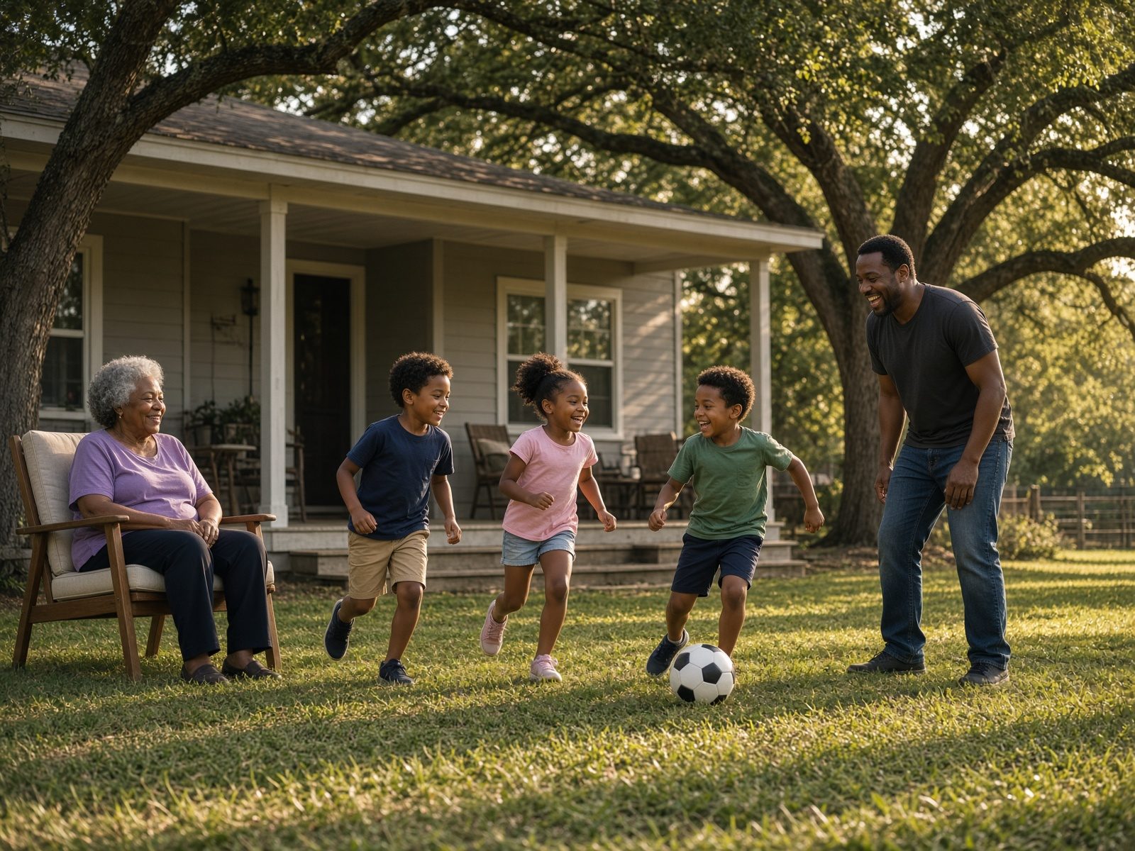 A family playing ball in a grassy backyard at sunset.