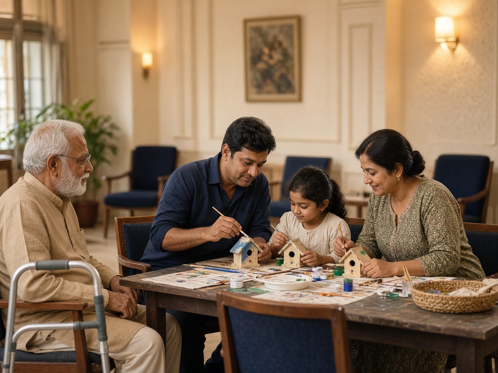 A South Asian family painting birdhouses together.
