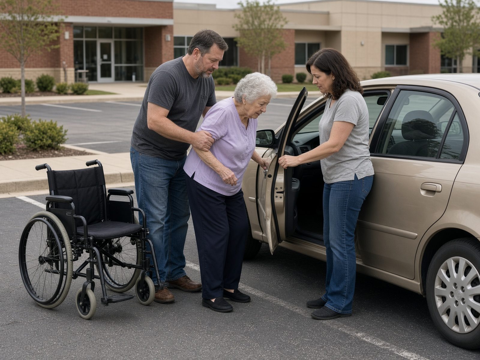 Family helping an older woman from a wheelchair into a car for a doctor visit.
