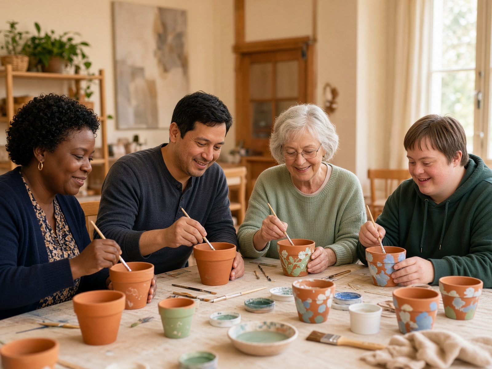 Neighbors of different ages and abilities painting clay pots together.