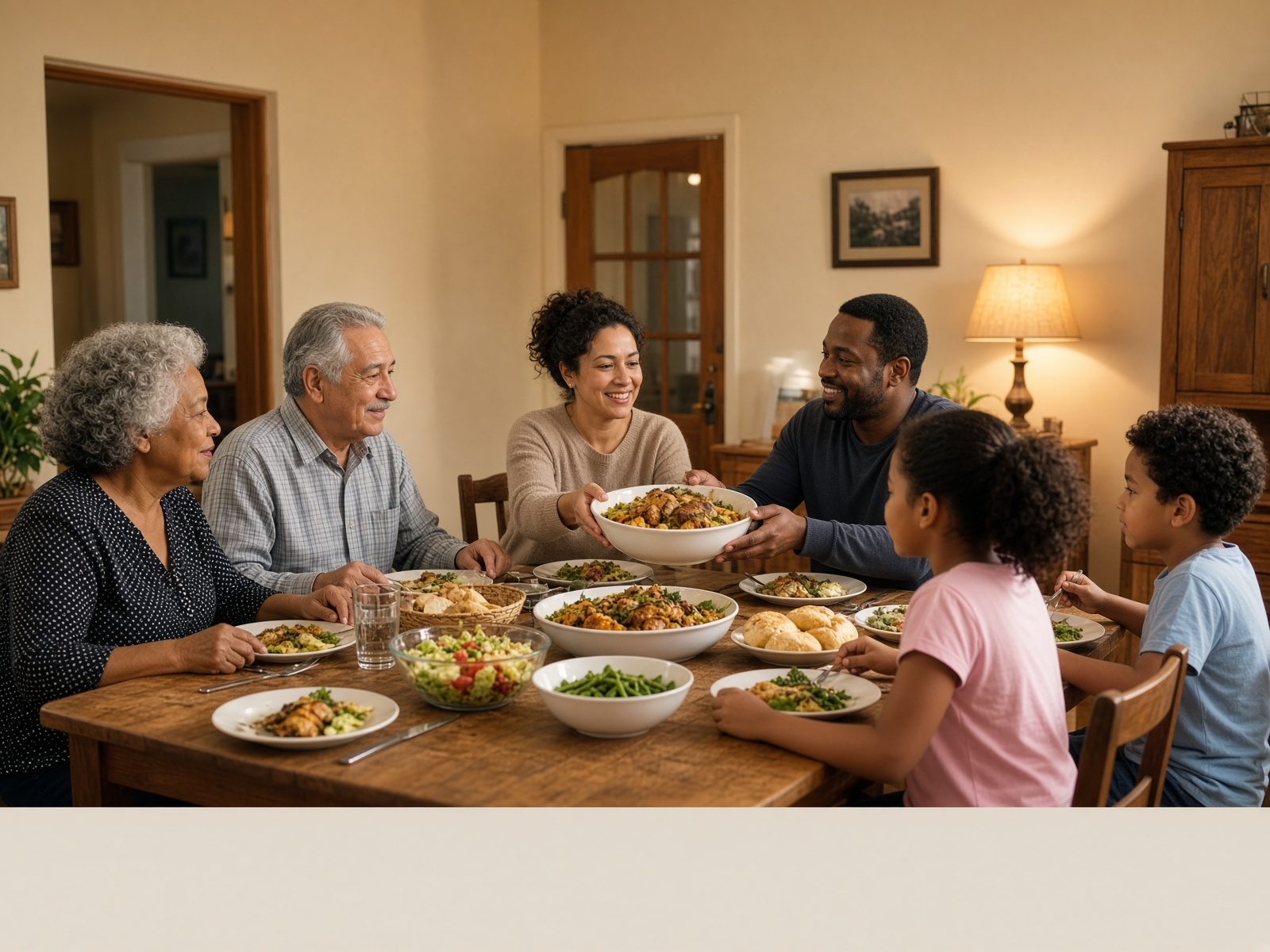 A multi-generational family eating dinner together at a kitchen table.