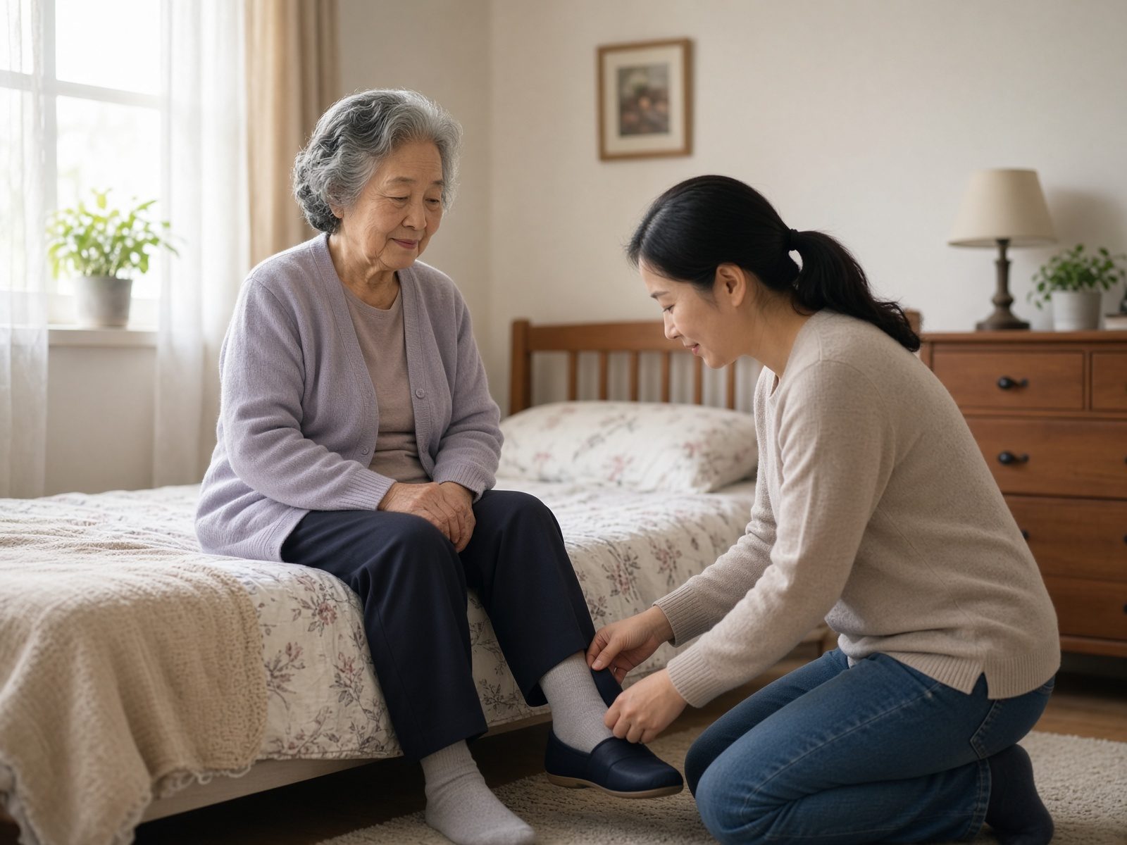 A caregiver helping an older woman with her cardigan and shoes.