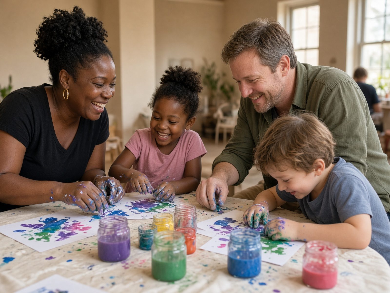 An interracial family finger-painting, paint on their hands, laughing.