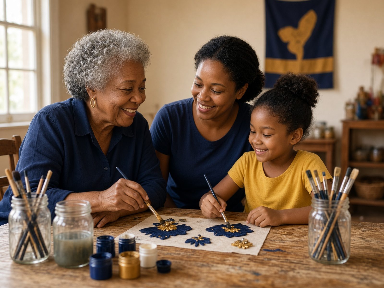 A grandmother, her daughter, and a young child painting together at a wooden table.