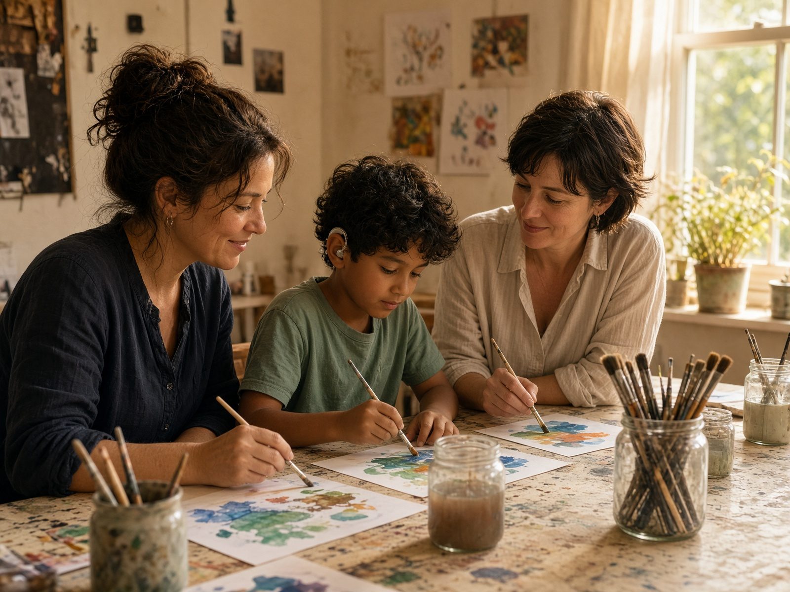 Two mothers and a child painting at a craft table.