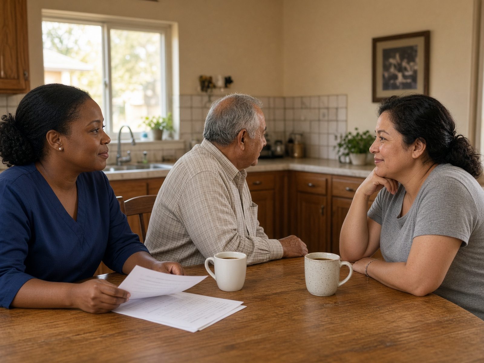 A Black home health aide talking with an older Hispanic man and his daughter at a kitchen table.