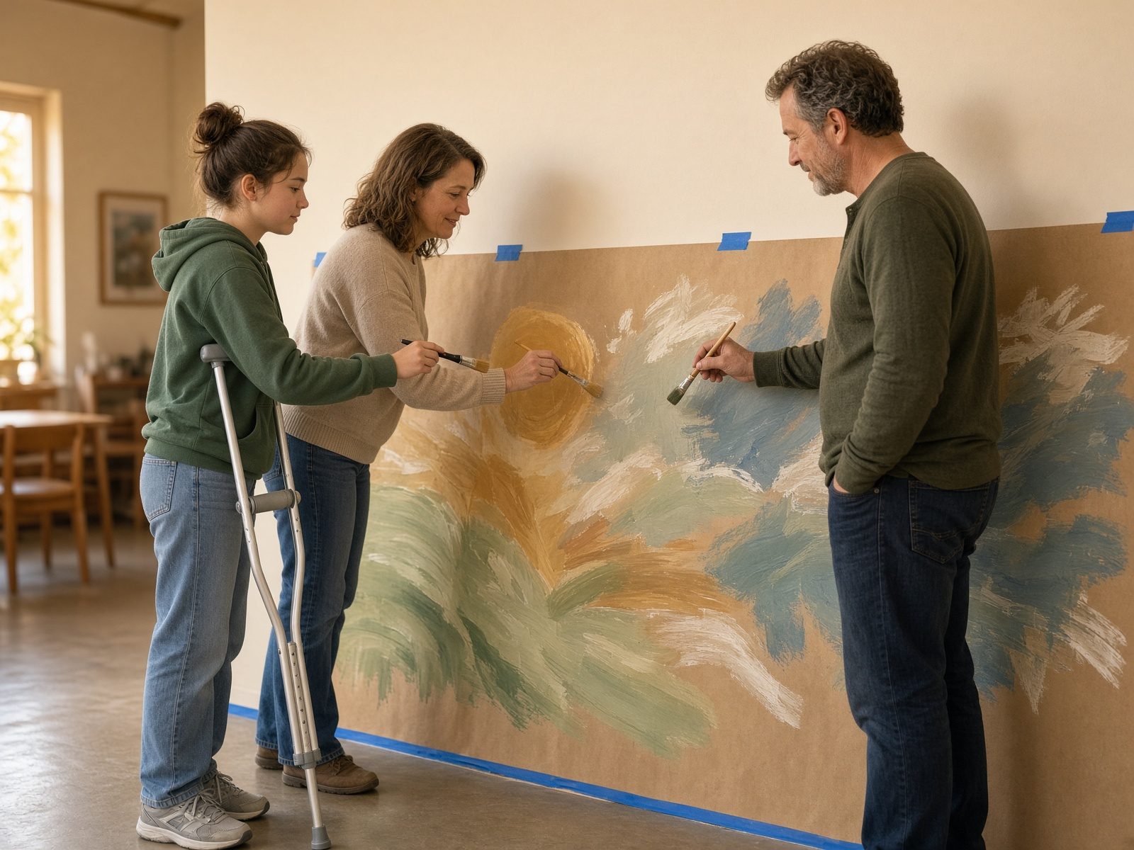 A family painting a mural together, including a loved one using a wheelchair.