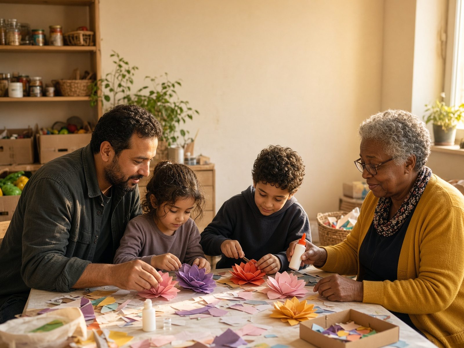 A father and children making paper flowers with a neighbor helping.