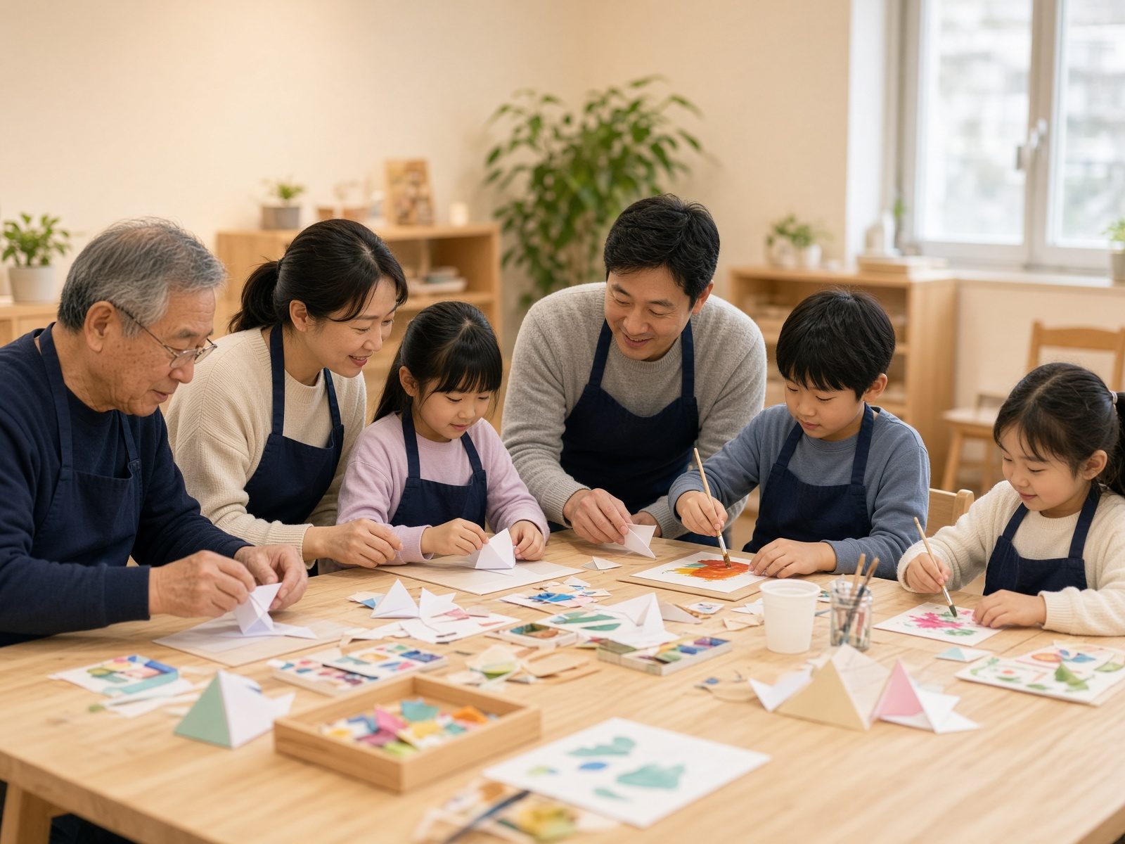 A multi-generational family folding paper crafts together.