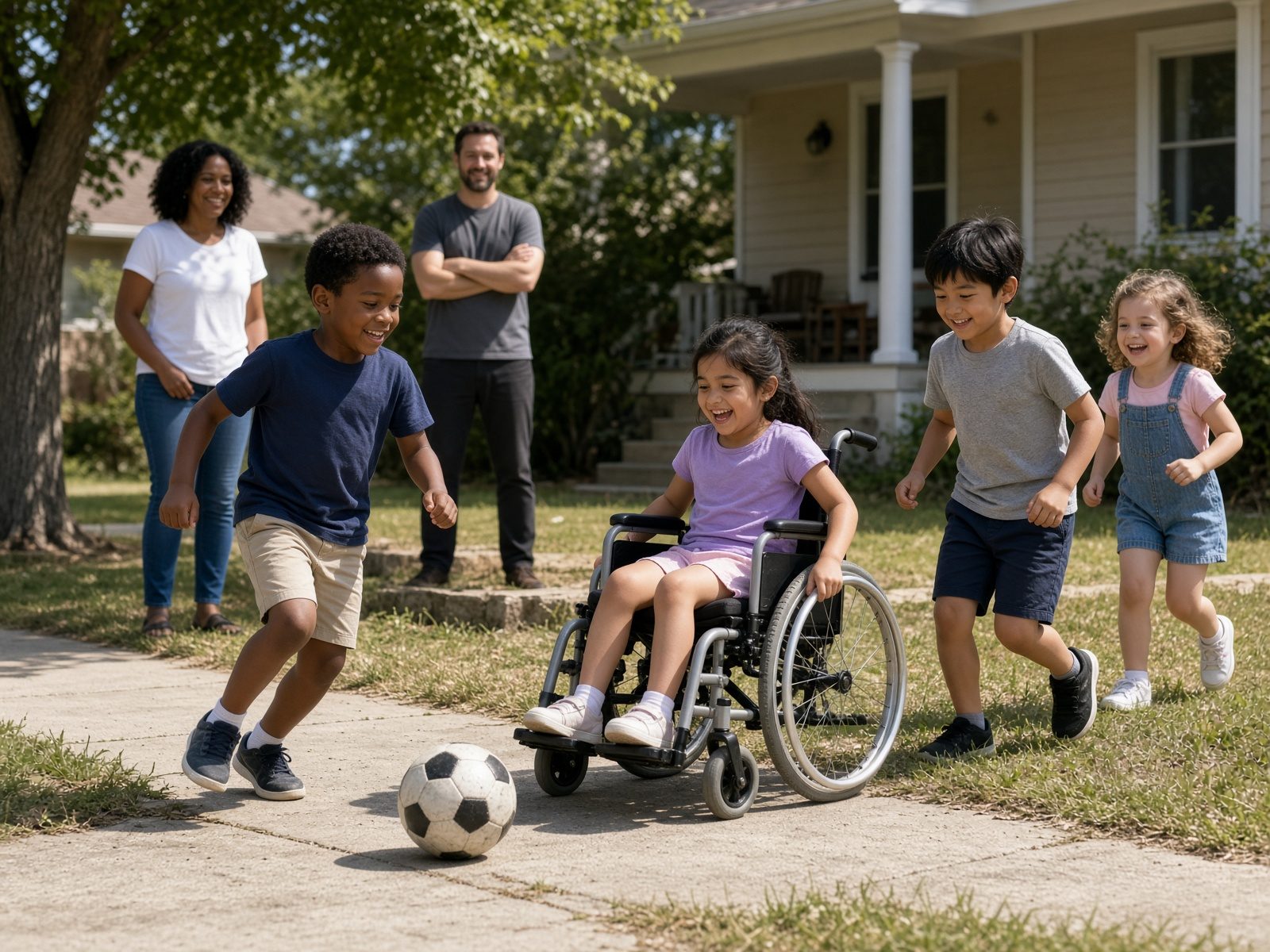 Children of different races playing outside, including a child using a wheelchair.