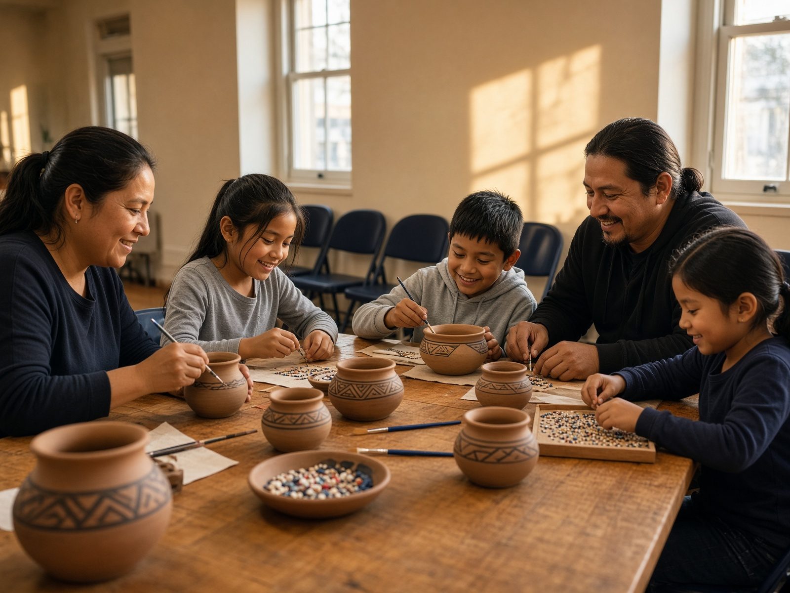 An Indigenous family painting pottery together in a community hall.