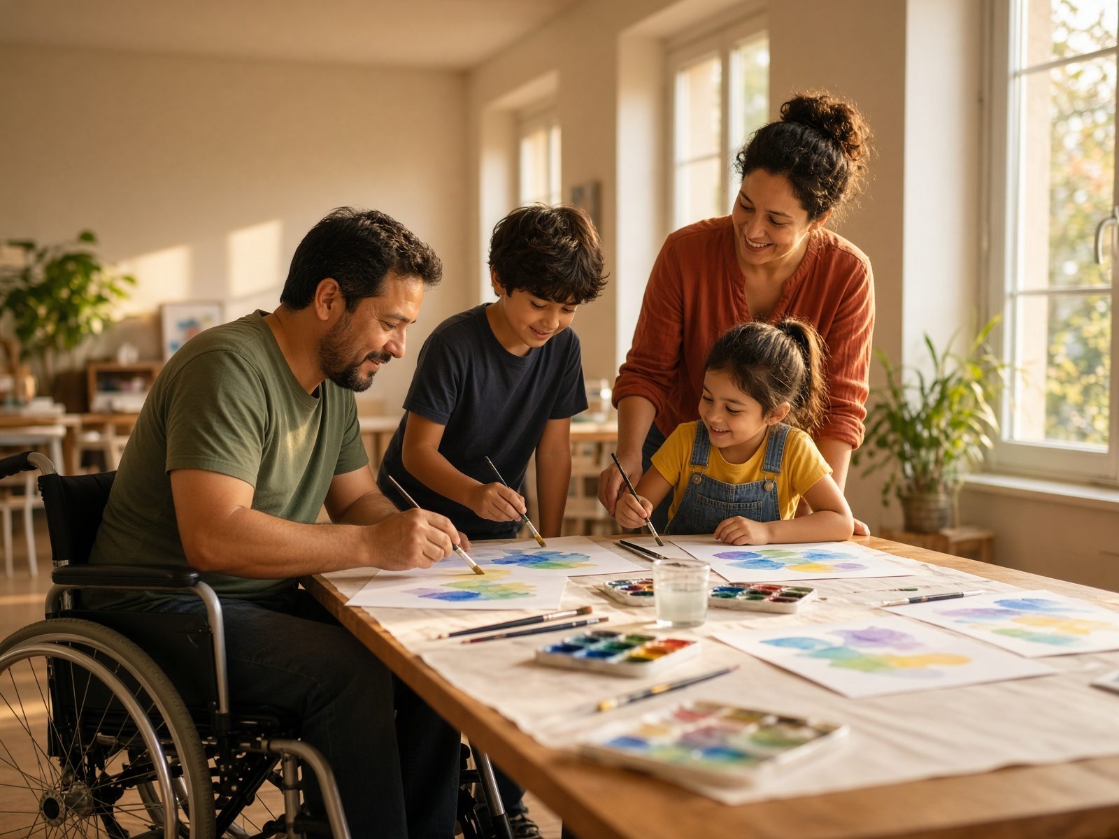 A family painting watercolors together, with a father using a wheelchair at the table.